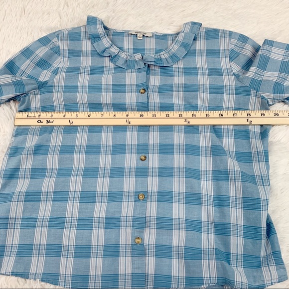 Madewell Ruffle-Neck Top in Colwell Plaid long sleeves  button front blue - Picture 5 of 10